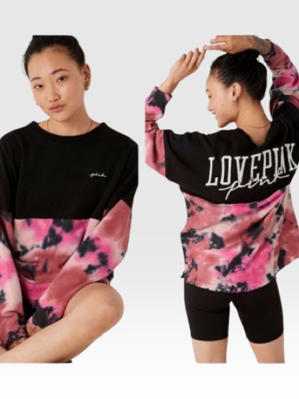 PINK VS Black Varsity Pink Tie Dye Relax Fit Crewneck Oversize Sweatshirt Size L